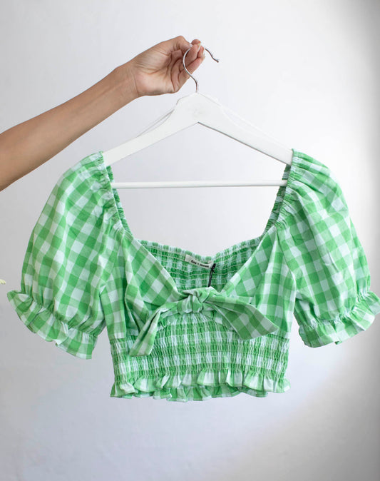 Green Twist Knot Smocked Gingham Crop Top - DM