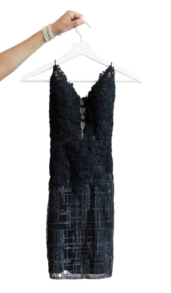 Black Glitter V-Neck Cocktail Dress